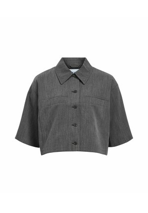 Graues, tailliertes Button-Up-Shirt mit Kragen, kurzen Ärmeln und zwei vorderen Taschen. Hergestellt aus strukturiertem Stoff mit einem dezenten Streifenmuster.