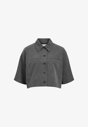 Grijze kort gesneden knoopshirt met een kraag, korte mouwen en twee voorzakken. Gemaakt van gestructureerde stof met een subtiel streepmotief.