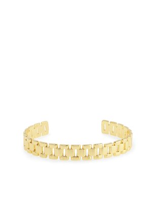 Pulsera de puño abierto de color dorado con segmentos rectangulares enlazados que forman un patrón similar a una cadena.