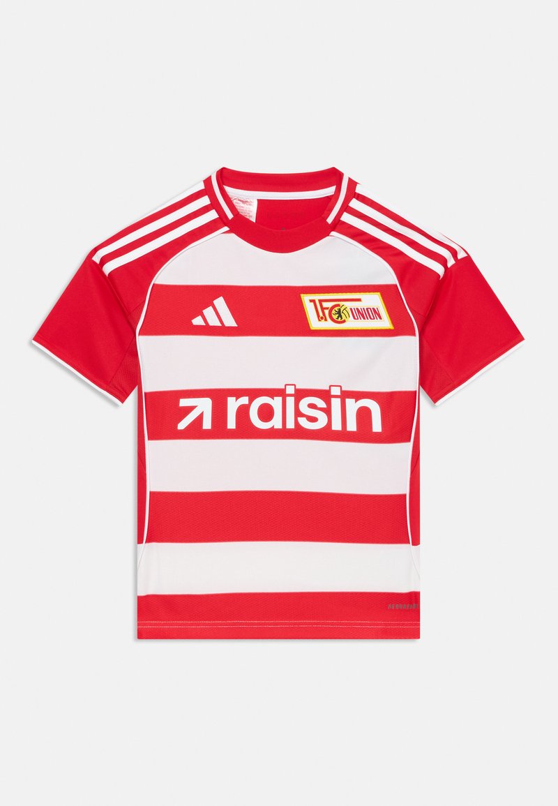 Rdeča in bela črtasta majica s kratkimi rokavi in okroglo ovratnikom, ki ima logo 1. FC Union in besedo "rozina" v beli barvi. Tri črte na rokavih.