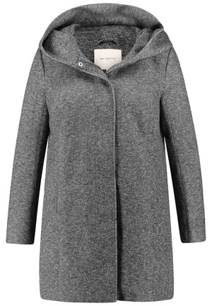 Cappotto in misto lana grigio con cappuccio, maniche lunghe e chiusura con bottoni frontali. Texture liscia con un sottile motivo melange.