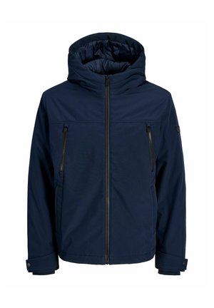 Marineblauwe capuchonjas met rits aan de voorkant, twee verticale borstzakken met rits en verstelbare knoopmanchetten.