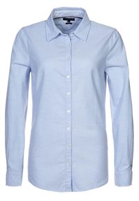 Ljusblå långärmad skjorta med knappar som har klassisk krage, frontknäppning och en slät, vävd textur.