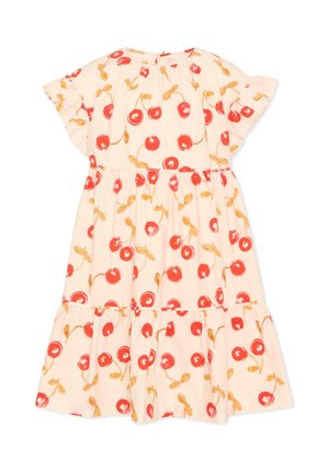 Abito a maniche corte color crema con gonna a balze, decorato con stampa di ciliegie rosse e foglie gialle su tutta la superficie.