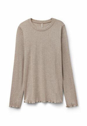 Lichtbruine, lange mouwen shirt van zacht, ribbelstof. Heeft een ronde halslijn en een gegolfde zoom. Eenvoudig, textuurontwerp.