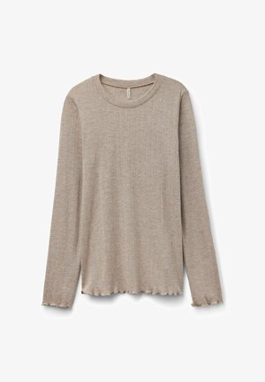 Light brown long-sleeve shirt made of soft, ribbed fabric. Features a round neckline and scalloped hemline. Simple, textured design.