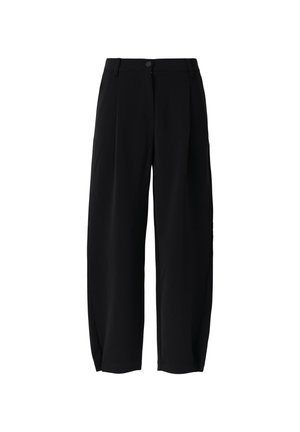 Pantaloni neri a gamba larga realizzati in tessuto morbido. Presentano pieghe nella parte anteriore, chiusura con bottone e tasche laterali. Design casual e moderno.
