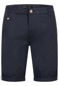 Shorts pour hommes bleu marine foncé avec fermeture à bouton à l'avant, petite poche avec bouton, manches retroussées et passants de ceinture.
