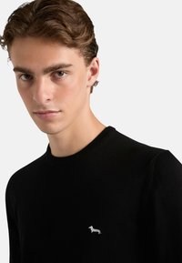 Maglione nero lavorato a maglia con scollo tondo, caratterizzato da un piccolo ricamo bianco di un bassotto sul petto. Tessuto morbido, design aderente.