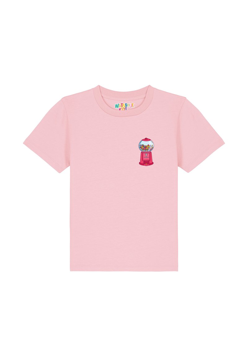 Helles rosa T-Shirt mit kurzen Ärmeln, das vorne ein Grafikdesign eines Kaugummiautomaten mit bunten Kaugummis und einem roten Sockel zeigt. Aus weichem Baumwollmaterial.