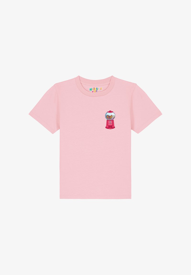Helles rosa T-Shirt mit kurzen Ärmeln, das vorne ein Grafikdesign eines Kaugummiautomaten mit bunten Kaugummis und einem roten Sockel zeigt. Aus weichem Baumwollmaterial.