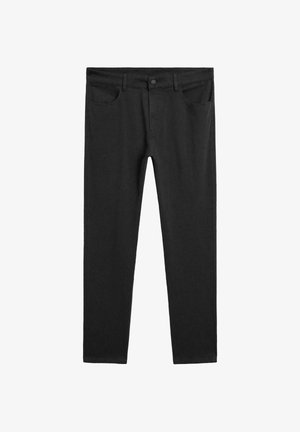 Black denim pants with a slim fit, five-pocket design, and a button closure at the waist. Smooth texture and straight leg shape.