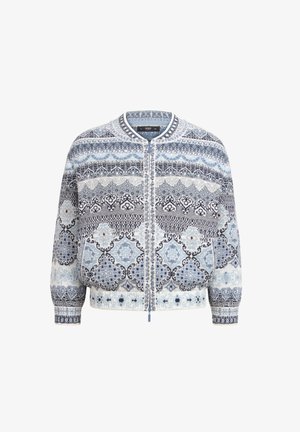 Mėlyna raštuota bomber tipo striukė su priekine užtrauktuku, apvaliu apykakle ir elastinėmis rankovėmis. Yra įvairūs geometriniai dizainai šviesesnėmis ir tamsesnėmis atspalviais.