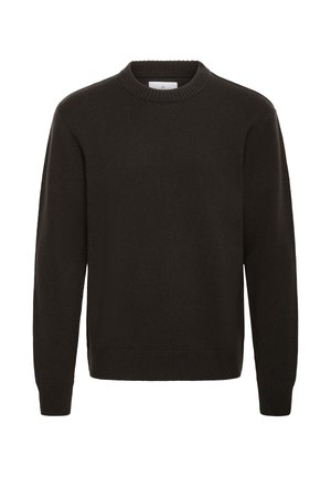 Maglione lavorato a maglia verde scuro con maniche lunghe, colletto rotondo e polsini e orlo a coste. Presenta un design minimalista senza modelli o accenti visibili.