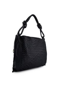Czarna torebka wykonana z plecionej i gładkiej skóry, wyposażona w zawiązywany uchwyt i o wyraźnie ukształtowanym kształcie. Charakterystyczna dzięki kontrastowym fakturom.