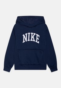 Marineblauwe hoodie van een zachte katoenmix, met een groot wit "NIKE" logo op de voorkant en een kanga pocket. Verstelbare capuchon.