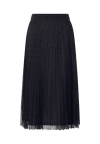 Jupe plissée noire en tissu transparent avec un motif à pois. Présente une taille élastique et un design fluide.