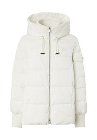 Giacca imbottita bianca con ampio cappuccio, polsini a costine, chiusura con zip e dettaglio con logo. Presenta un motivo trapuntato e coulisse regolabili.