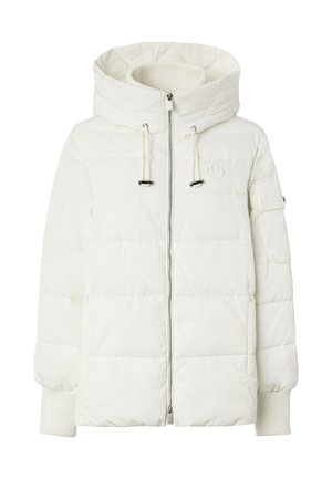 Giacca imbottita bianca con ampio cappuccio, polsini a costine, chiusura con zip e dettaglio con logo. Presenta un motivo trapuntato e coulisse regolabili.