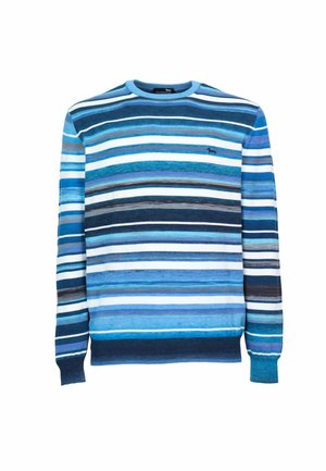 Trui met lange mouwen en ronde hals, met horizontale strepen in tinten blauw, wit en grijs, voorzien van een klein geborduurd hondenlogo op de borst.