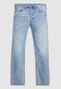 Jean en denim bleu clair avec une coupe droite, design classique cinq poches et fermeture par bouton, posé à plat sur fond blanc.