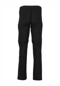 Mustat housut, joissa on rento istuvuus, venyvällä vyötäröosalla ja sileällä kankaalla, suunniteltu mukavuutta ja liikkumisen helppoutta varten.