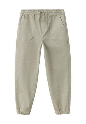 Pantalon beige décontracté avec taille élastique et cordon de serrage, poches plaquées à l'avant et bas élastiqués aux chevilles.