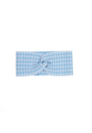 Helles blaues Stirnband mit einem Hahnentritt-Muster, aus weichem Material gefertigt, mit einer verdrehten Knotendetails an der Vorderseite.