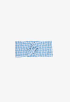 Fascia per capelli azzurro chiaro con motivo a scacchi, realizzata in materiale morbido, con un dettaglio a nodo intrecciato sul davanti.
