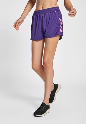 Purple athletic shorts with an elastic waistband, featuring pink chevron accents on the sides. Lightweight, breathable material.