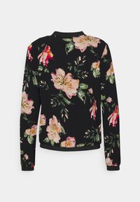 Haut noir à manches longues avec motifs floraux roses et verts, col rond et poignets côtelés aux extrémités et aux manches.