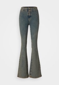 Högmidjade utsvängda jeans i blekt blå denim med en strukturerad yta. Har två knappar i midjan och klassisk femfickdesign.