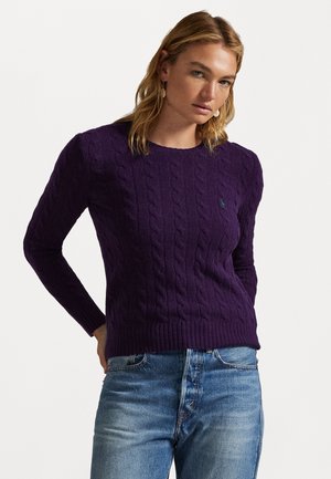 Purple cable-knit sweater with a round neckline and ribbed hem. Material appears soft, with a subtle logo accent on the front.