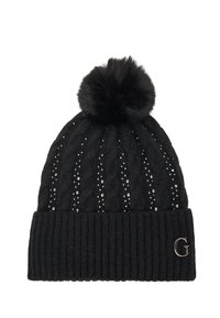 Berretto in maglia nera con risvolto a coste, dotato di un pompon in pelliccia sintetica e dettagli metallici. Motivi a diamante decorano il corpo principale.
