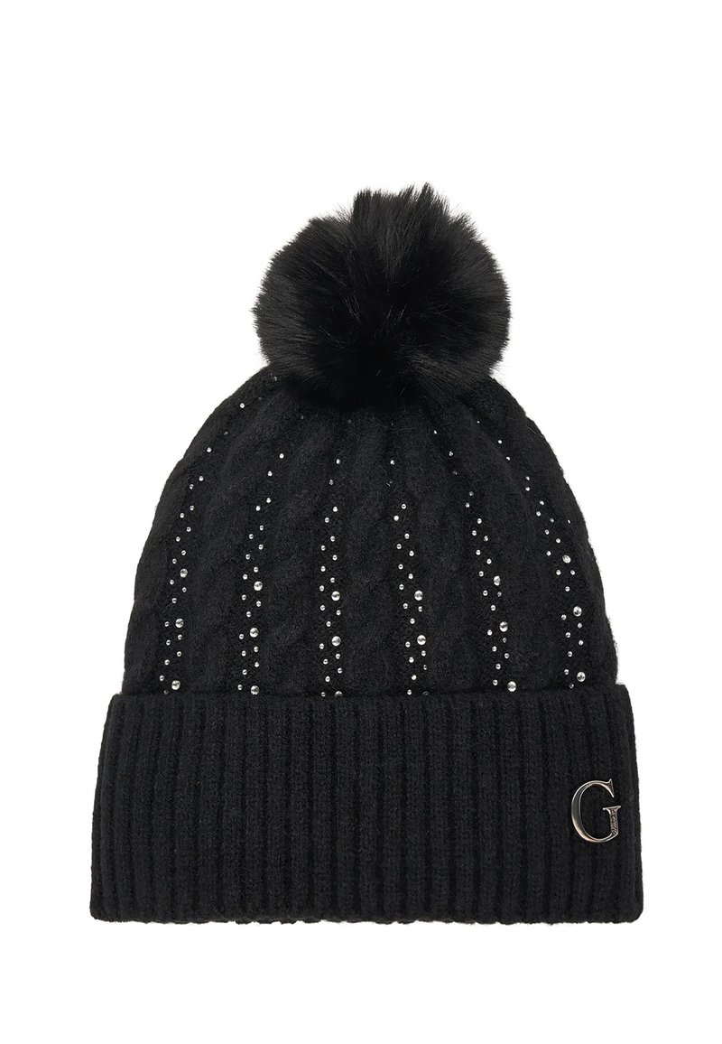 Berretto in maglia nera con risvolto a coste, dotato di un pompon in pelliccia sintetica e dettagli metallici. Motivi a diamante decorano il corpo principale.