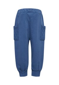 Blå joggarbyxor tillverkade av mjukt tyg, med kviltade patchfickor, elastisk midja och avsmalnande muddar. Enkelt och praktiskt design.