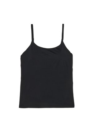 Schwarzes ärmelloses Top mit dünnen verstellbaren Trägern und geradem Saum, vor weißem Hintergrund dargestellt.
