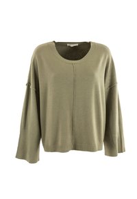 Maglione oversize verde oliva con scollatura rotonda, spalle scese, polsini a coste e dettaglio di cucitura centrale. Tessuto a maglia morbida.