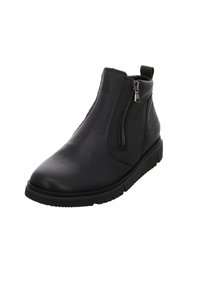 Schwarze Leder-Ankle-Boots mit glatter Oberfläche, seitlichem Reißverschluss und strukturiertem Gummisohle. Mit einer Zuglasche an der Rückseite.