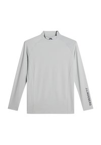 Maglietta a maniche lunghe grigio chiaro in tessuto liscio con colletto alto e dettaglio con logo sulla manica destra. Presenta maniche raglan.