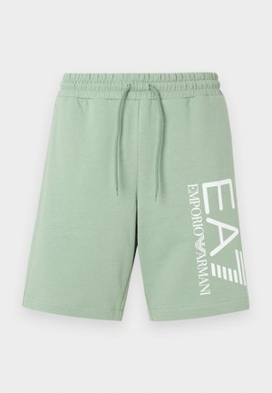 Myk mintgrønne bomullsshorts med elastisk midjebånd og snor. Har hvit logo "EA7 Emporio Armani" trykt på venstre ben.