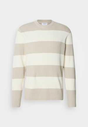 Beige stripete genser med ribbet tekstur, med brede kremfargede striper, rund hals og lange ermer.