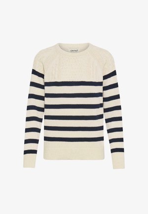 Strikkegenser med en kremfarge bunn og marinehorisontale striper, ribbestrikkede mansjetter og kant, samt et strukturert mønster på brystområdet.