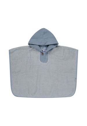 Hooded Poncho in Hellblau, aus weichem Frottierstoff. Mit Knopfverschluss, Streifenmuster und kontrastierender Einfassung.