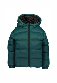 Giacca puffer verde con cappuccio, caratterizzata da una fodera nera e una chiusura frontale con cerniera. Design trapuntato testurizzato con polsini ed orlo elasticizzati.