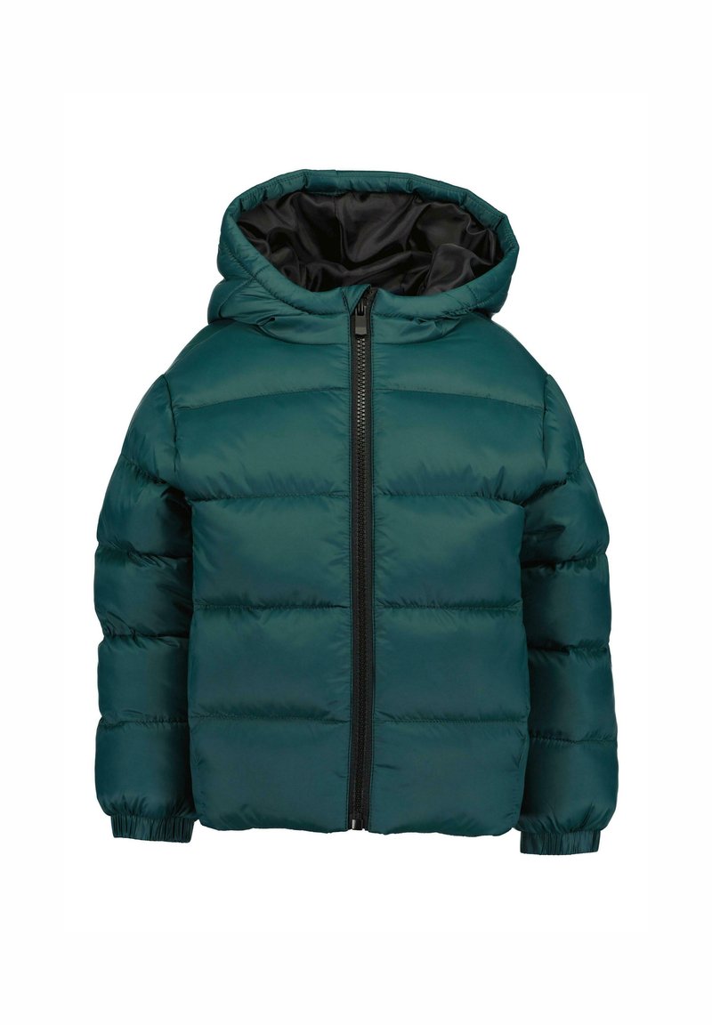 Giacca puffer verde con cappuccio, caratterizzata da una fodera nera e una chiusura frontale con cerniera. Design trapuntato testurizzato con polsini ed orlo elasticizzati.