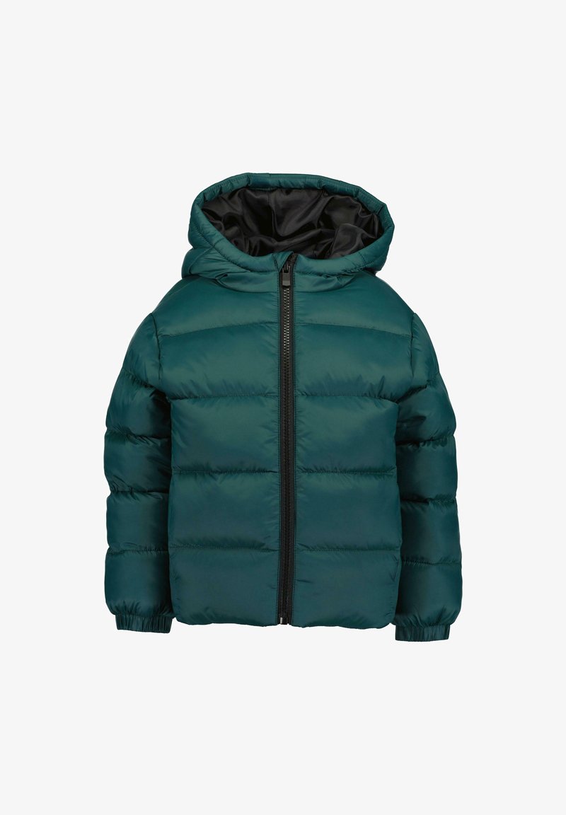 Giacca puffer verde con cappuccio, caratterizzata da una fodera nera e una chiusura frontale con cerniera. Design trapuntato testurizzato con polsini ed orlo elasticizzati.