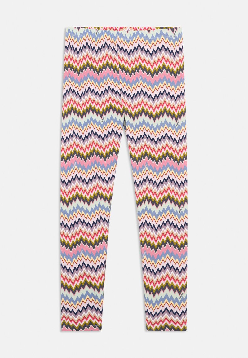 Večbarvne legice s cik-cak vzorcem v roza, modri, zeleni in temno vijolični barvi. Narejene so iz mehke, raztegljive tkanine.