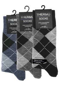 Tre paia di calze termiche con motivo a rombi, nei colori blu scuro, grigio e nero. Realizzate in materiale morbido, senza fascia elastica.
