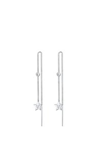 Orecchini a goccia in argento con design a stella e a bastoncino, caratterizzati da una delicata catena e un accento rotondo. Marcati "925" per indicare la qualità dell'argento sterling.